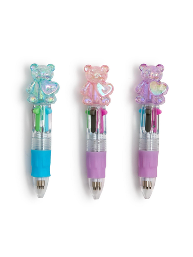 Three retractable pens with translucent teddy bear caps.