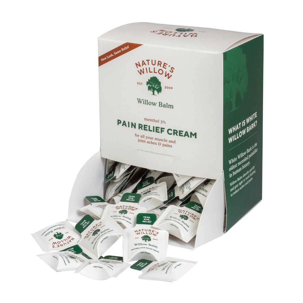 Box of Nature's Willow Pain Relief Cream packets on a white background