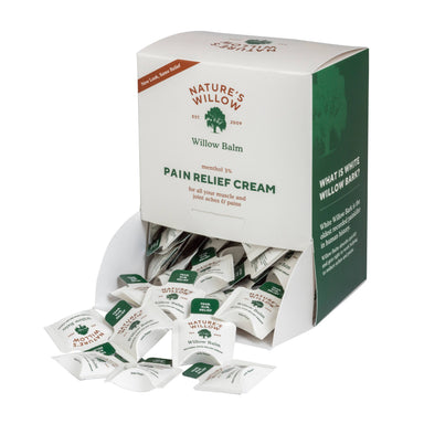 Box of Nature's Willow Pain Relief Cream packets on a white background