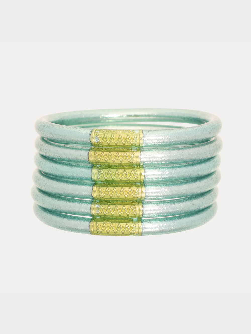 Mint All Weather Bangles® set of six with Serenity Prayer detail in soft mint green, stacked together on a neutral background.