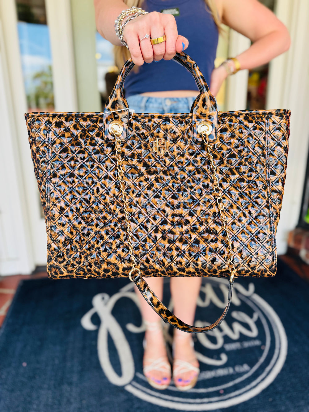 leopard patent leather tote bag