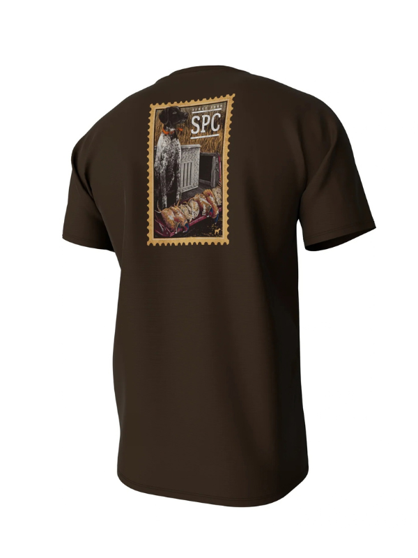 brown tee with a stamp with a dog and birds