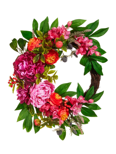 Floral wreath with pink, red, and green flowers on a white background