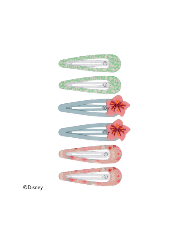 Six hair clips featuring green floral patterns, light blue floral patterns, and pink floral patterns, with two clips decorated with coral flowers.