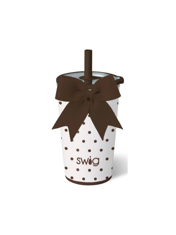 cream cup with brown polka dots and sippy straw