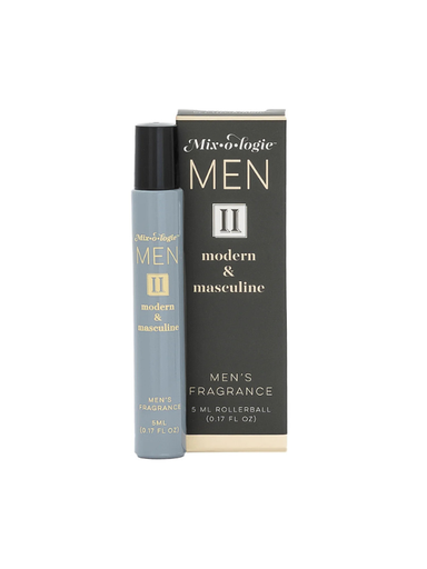 Men's fragrance rollerball and packaging on a white background