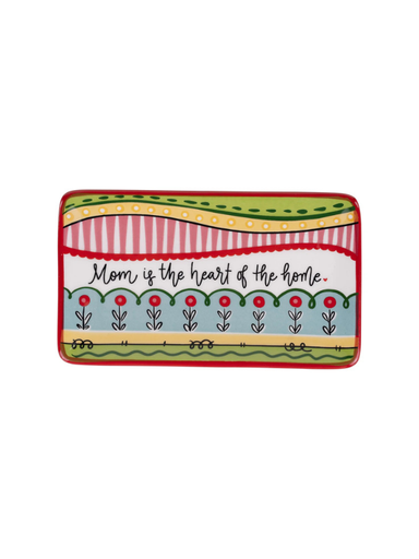 Decorative colorful trinket tray with 'Mom is the heart of the home' text.