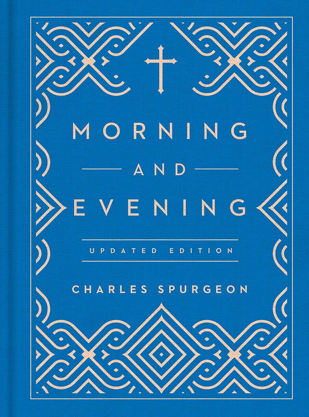 Book cover of 'Morning and Evening' by Charles Spurgeon with decorative patterns on a blue background