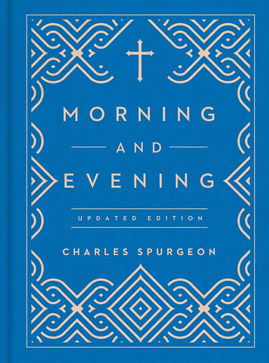 Book cover of 'Morning and Evening' by Charles Spurgeon with decorative patterns on a blue background