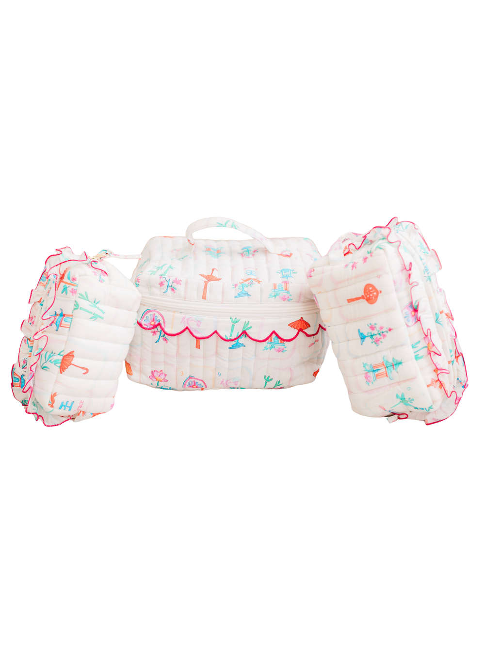 A set of three quilted baby swim floatation pads in white with a colorful tropical beach print, including a central handle pad and two side arm floats, shown on a plain white background.