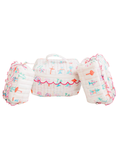 A set of three quilted baby swim floatation pads in white with a colorful tropical beach print, including a central handle pad and two side arm floats, shown on a plain white background.