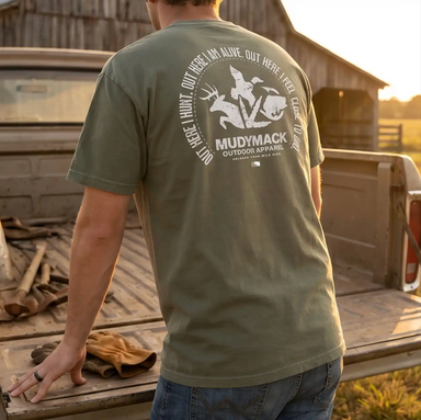 Muddy Mack Out Here I Hunt Pocket Tee by State Homegrown mmo hunting fishing outdoors tee