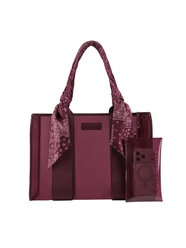 Burgundy clear tote with ribbon on handles  