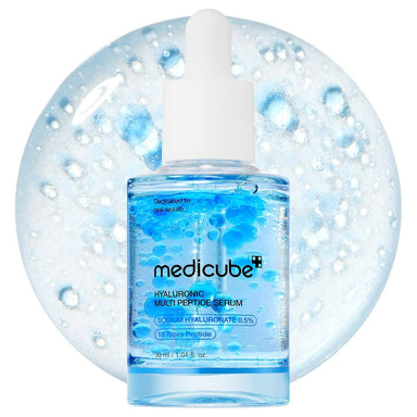 Medicube hyaluronic multi peptide serum bottle with blue liquid on a white background
