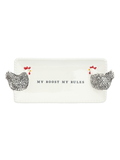 Rectangular plate with decorative chicken designs and text 'MY ROOST MY RULES' on a white background