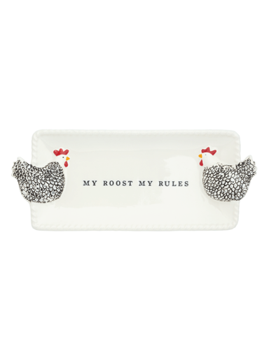 Rectangular plate with decorative chicken designs and text 'MY ROOST MY RULES' on a white background