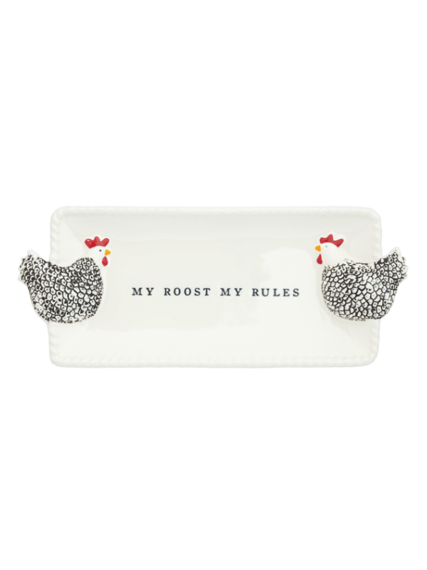 Rectangular plate with decorative chicken designs and text 'MY ROOST MY RULES' on a white background