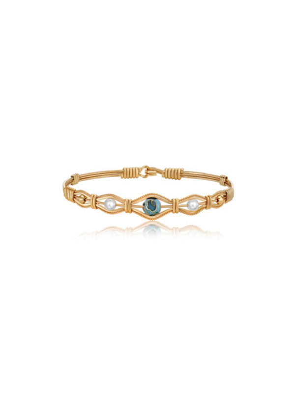 Gold wire bracelet with pearls and a center colorful stone by Ronaldo 