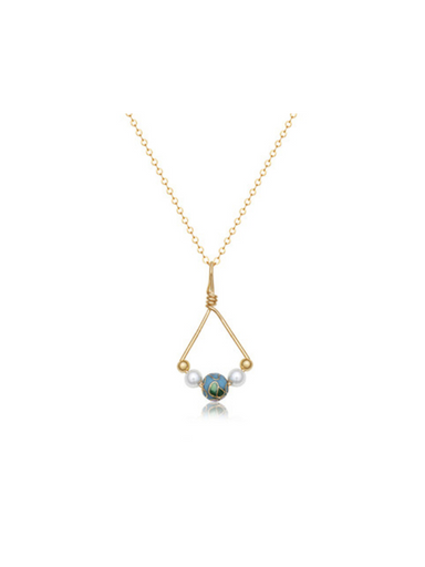 Gold wire necklace with a pendant that has a bead of the world and pearls. Made in the USA. A timeless piece that can be worn for years to come