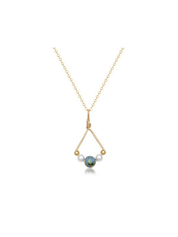 Gold wire necklace with a pendant that has a bead of the world and pearls. Made in the USA. A timeless piece that can be worn for years to come