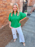 Green puff sleeve v-neck top