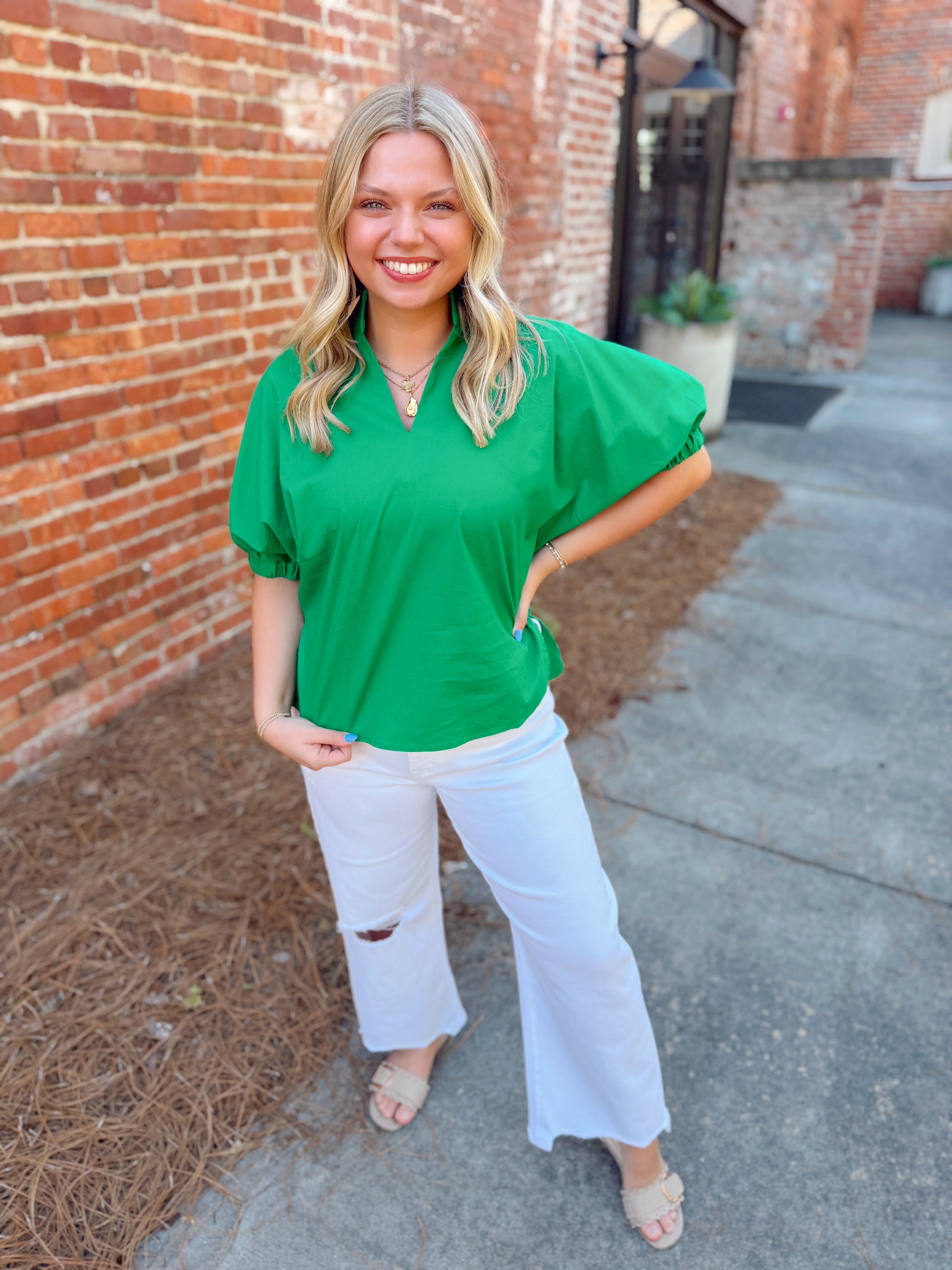 Green puff sleeve v-neck top