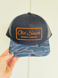 black hat with blacked out camo bill and neon OLD SOUTH on front 