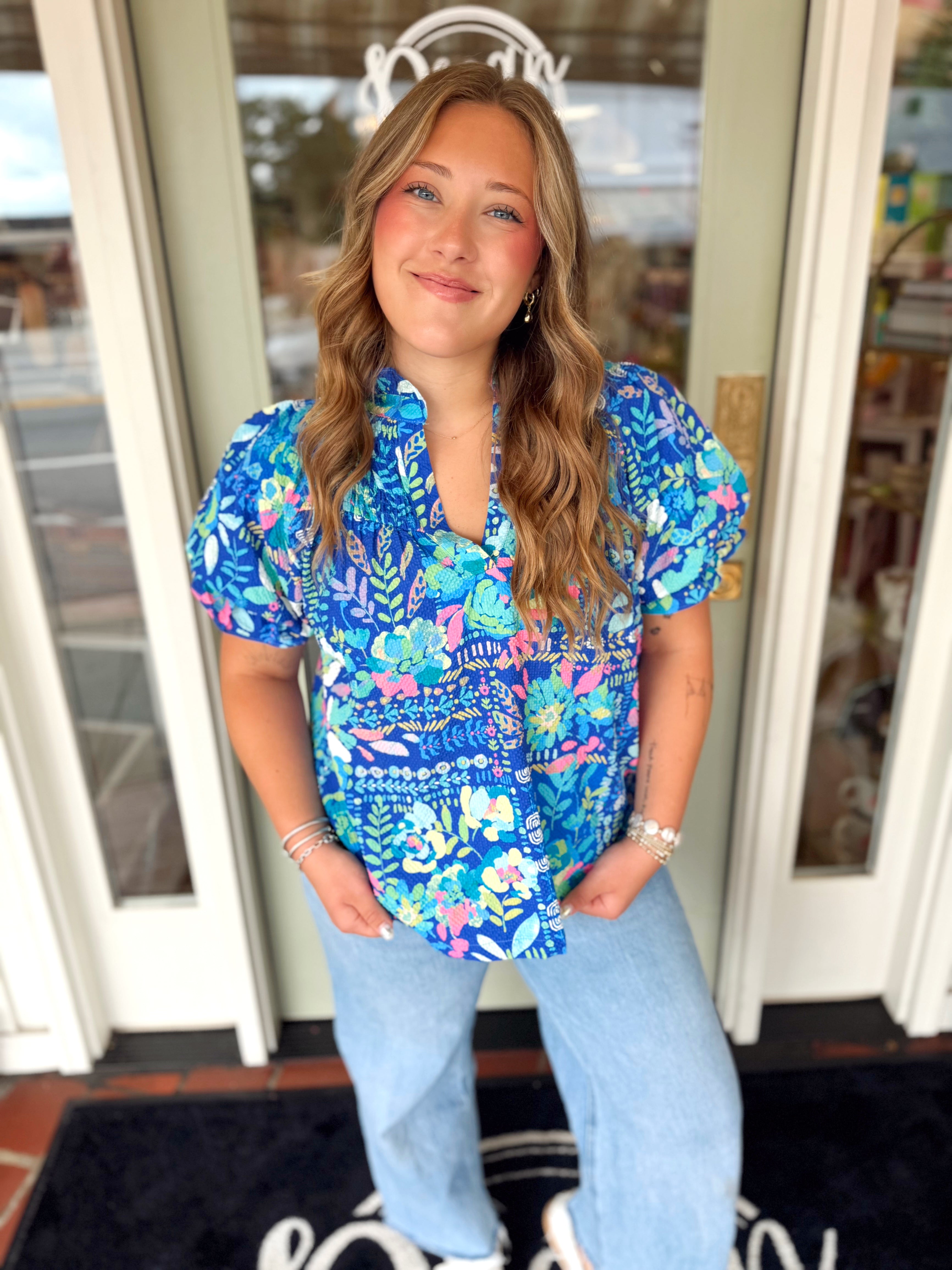 Colorful smocked top with subtle puff sleeve