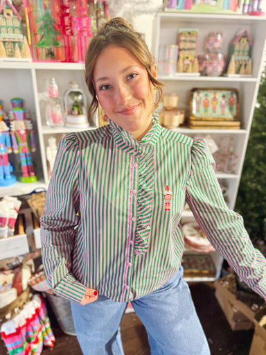 green and pink striped ruffle nutcracker top 