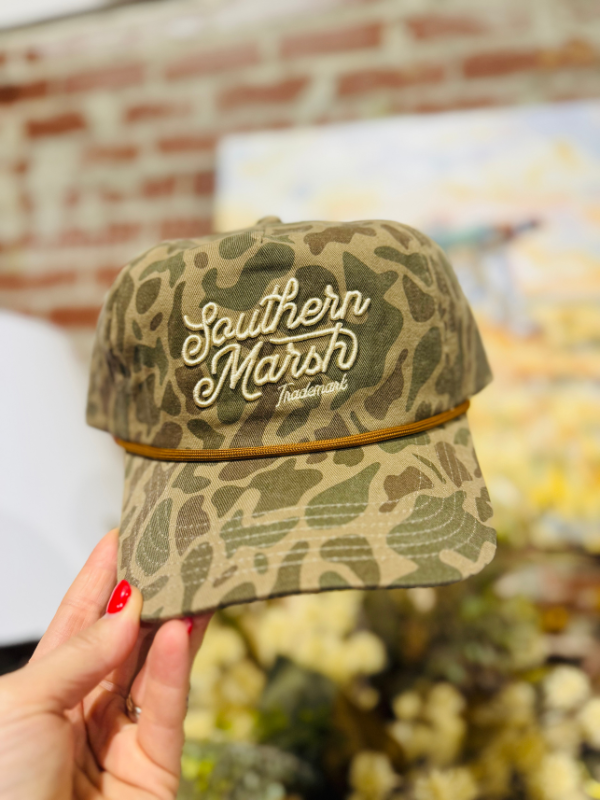 brown camo with southern marsh cursive 