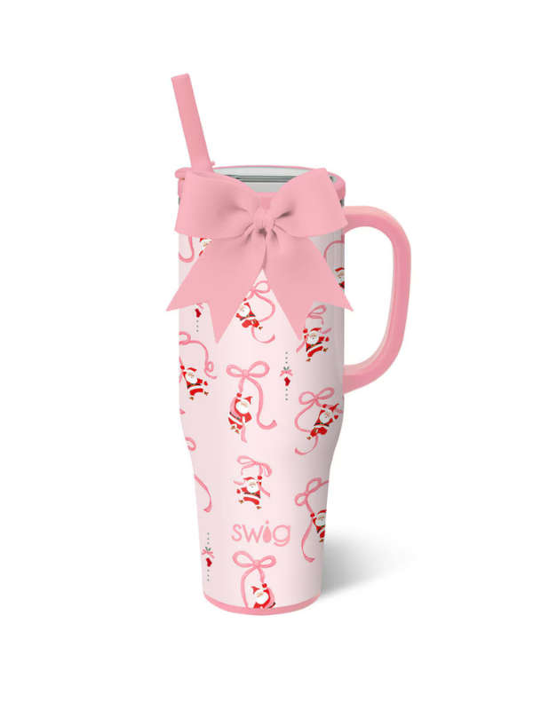 pink 40oz with santa hanging from a bow
