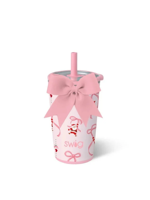 pink cup with santa hanging from a bow