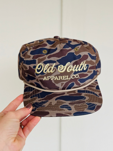 classic camo hat with cream color Old south in script on front 