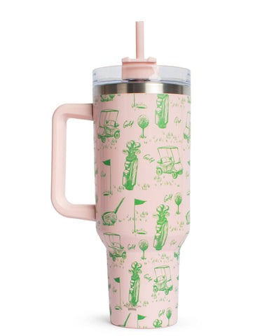 Pink tumbler with green golf-themed design