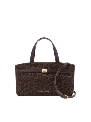 Orin Top Handle Crossbody Bag in Chocolate Leopard By Katie Loxton with shoulder strap