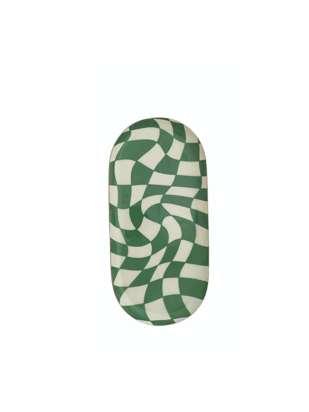Oval Enameled Tray with Green Wavy Checkers