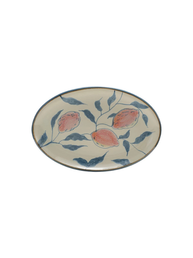 Oval Hand-Painted Blue and Orange Platter with Lemons stoneware