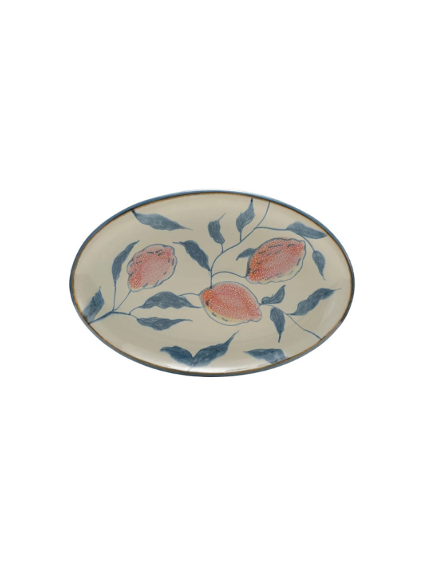 Oval Hand-Painted Blue and Orange Platter with Lemons stoneware