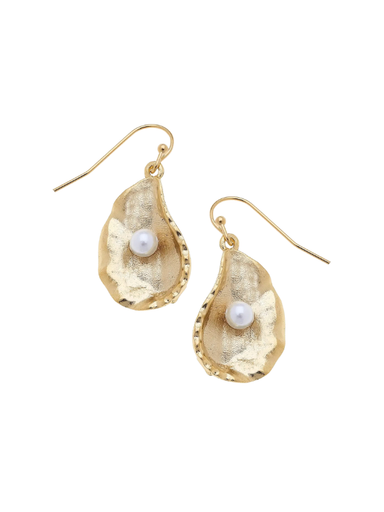 Gold oyster earrings with hook and pearl detail susan shaw 