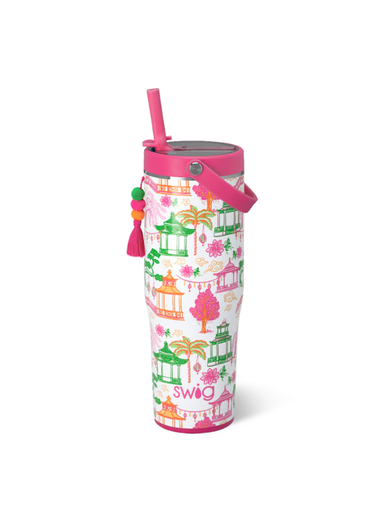 Colorful tumbler with a pink lid and straw on a white background