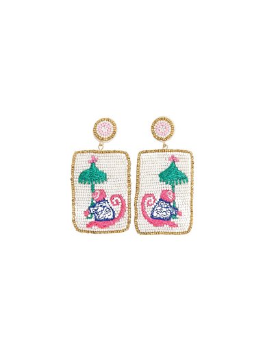 square beaded pink monkey earring
