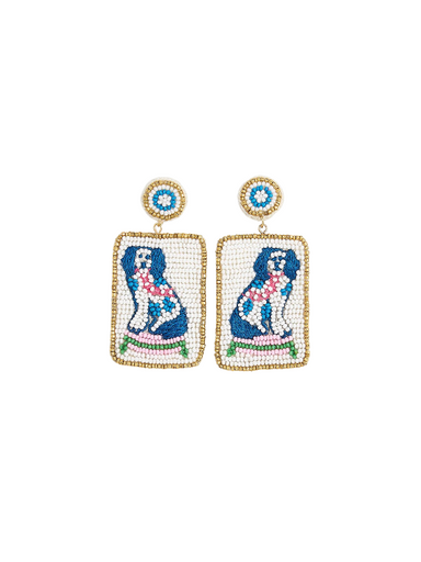 square beaded blue dog earrings 