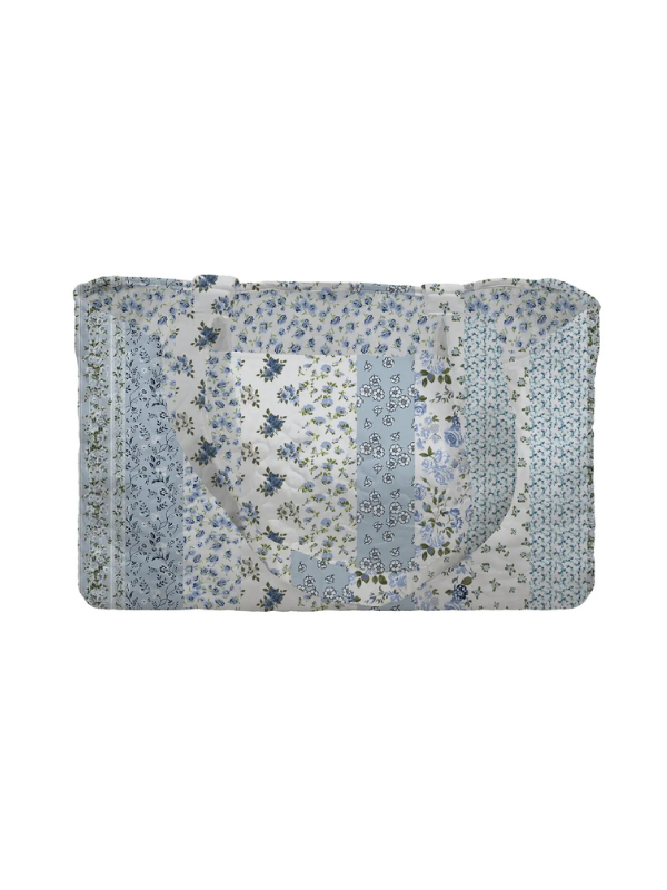 Floral Printed Paige Patchwork Stripe Blue Quilted Tote Bag