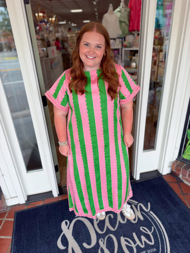 pink and green striped long dress