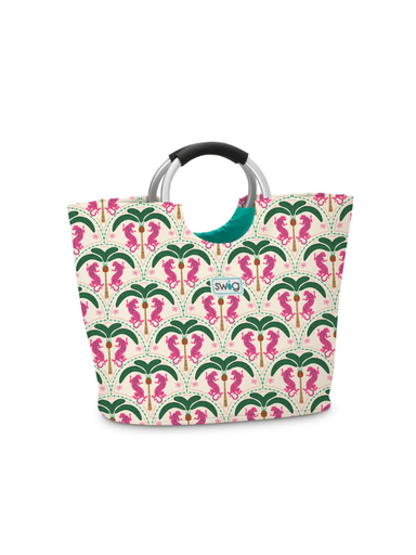 metal loop handle tote bag with pink tigers on it 