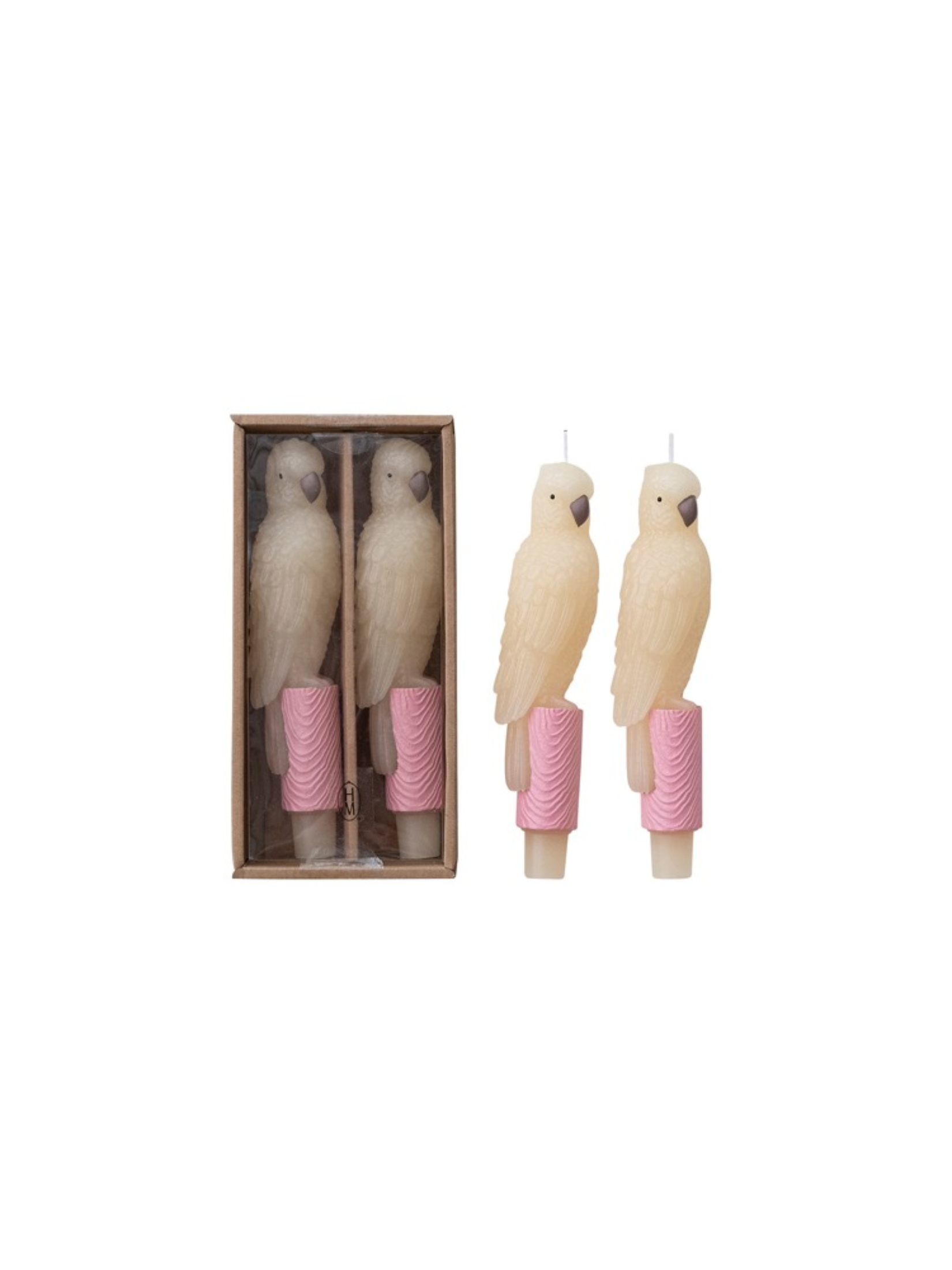 Set of two Hazel Mazel parrot taper candlesticks featuring ivory sculpted parrots perched on pink textured pedestal bases, shown boxed and unboxed against a white background.