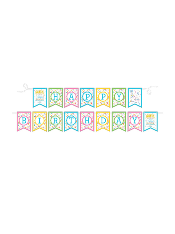Colorful 'Happy Birthday' party banner with confetti 