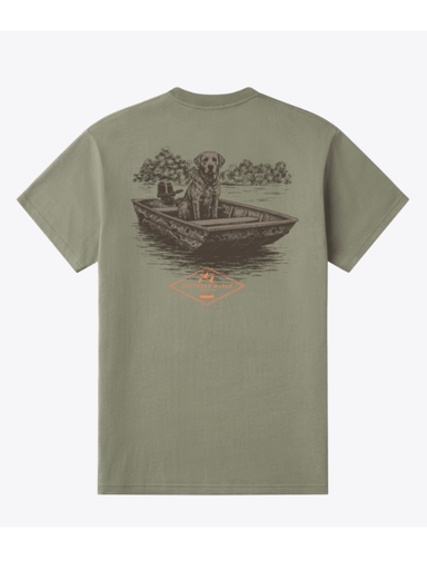 pup in a boat green tee