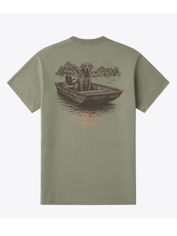 pup in a boat green tee