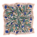 Floral patterned scarf with blue and green design on a beige background